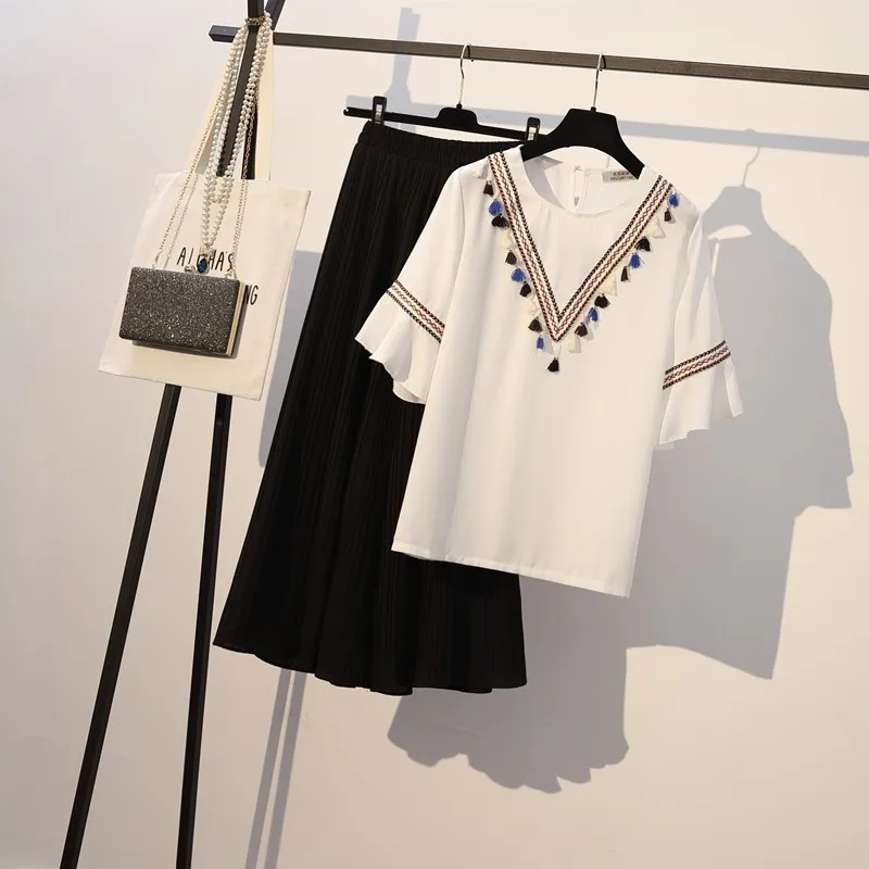 2019 летний женский комплект короткий рукав-клеш круглый вырез рубашка топы +