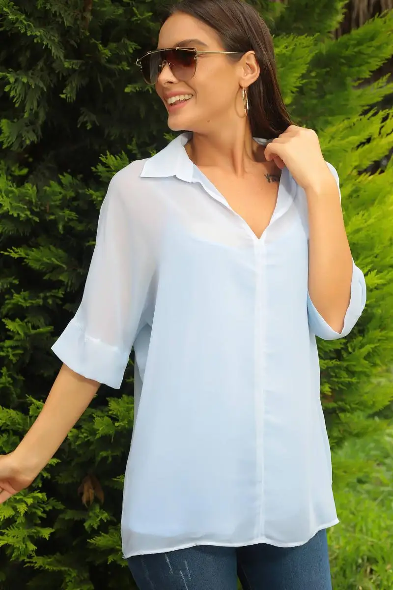 Размер частный респект Женщины Синий V шеи атлетли шифон Блузка S-18Y0840058 |