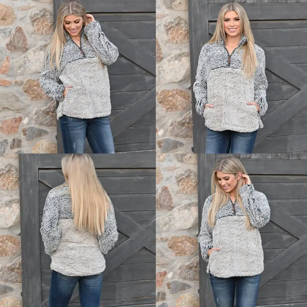 Women Fashion Pullovers Contrast Color Zipper Casual Patchwork Fall and Winter Thick Relaxed Plush Sweater | Женская одежда