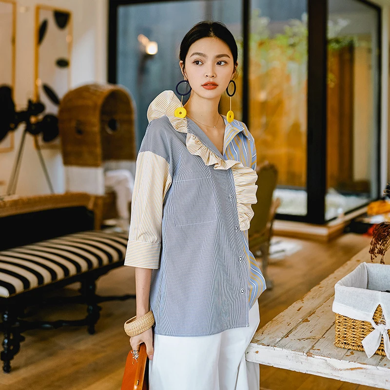 2019 Summer New Pattern Shirt For Women Fashion Temperament Stripe Split Joint Ruffles Contrast Color Blouse Tops R182 | Женская одежда
