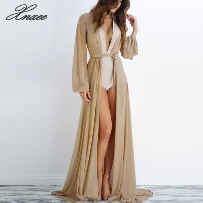 

Sexy Women Summer Hot Tops Chiffon Cardigan Open Stitch Lace-up Drawstring Long Cover Up Beach Kaftan See Through Bathing Jacket