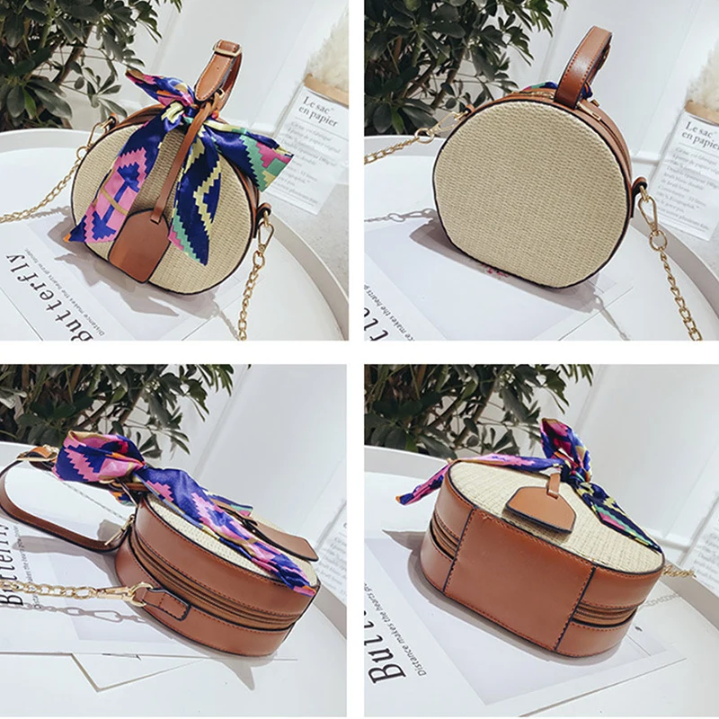 LUKATU Circle Rattan Bag Summer Round Handmade Woven Colourful Ribbon Shoulder For Women PU Leather Cross Body Bolsa | Багаж и сумки