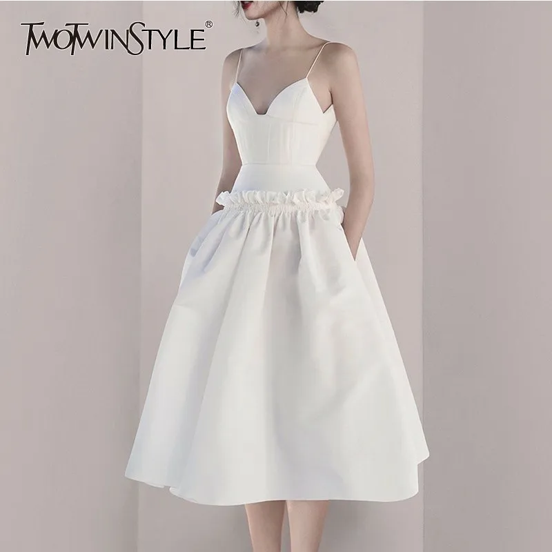 Платье с оборками TWOTWINSTYLE летнее платье v-образным вырезом высокой талией и