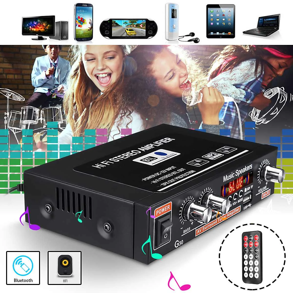 DC 12 В HIFI bluetooth автомобильный усилитель мощности fm-радио стерео аудио музыкальный плеер Поддержка SD USB MP3 DVD вход для авто мотоцикла
