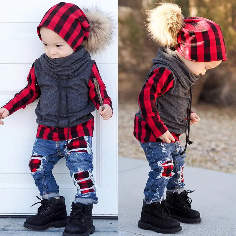 2PCS Toddler Kids Baby Boys Plaid Long Sleeve Tops Shirt Hole Denim Jeans Pants Outfit Clothes For 1-6Y |