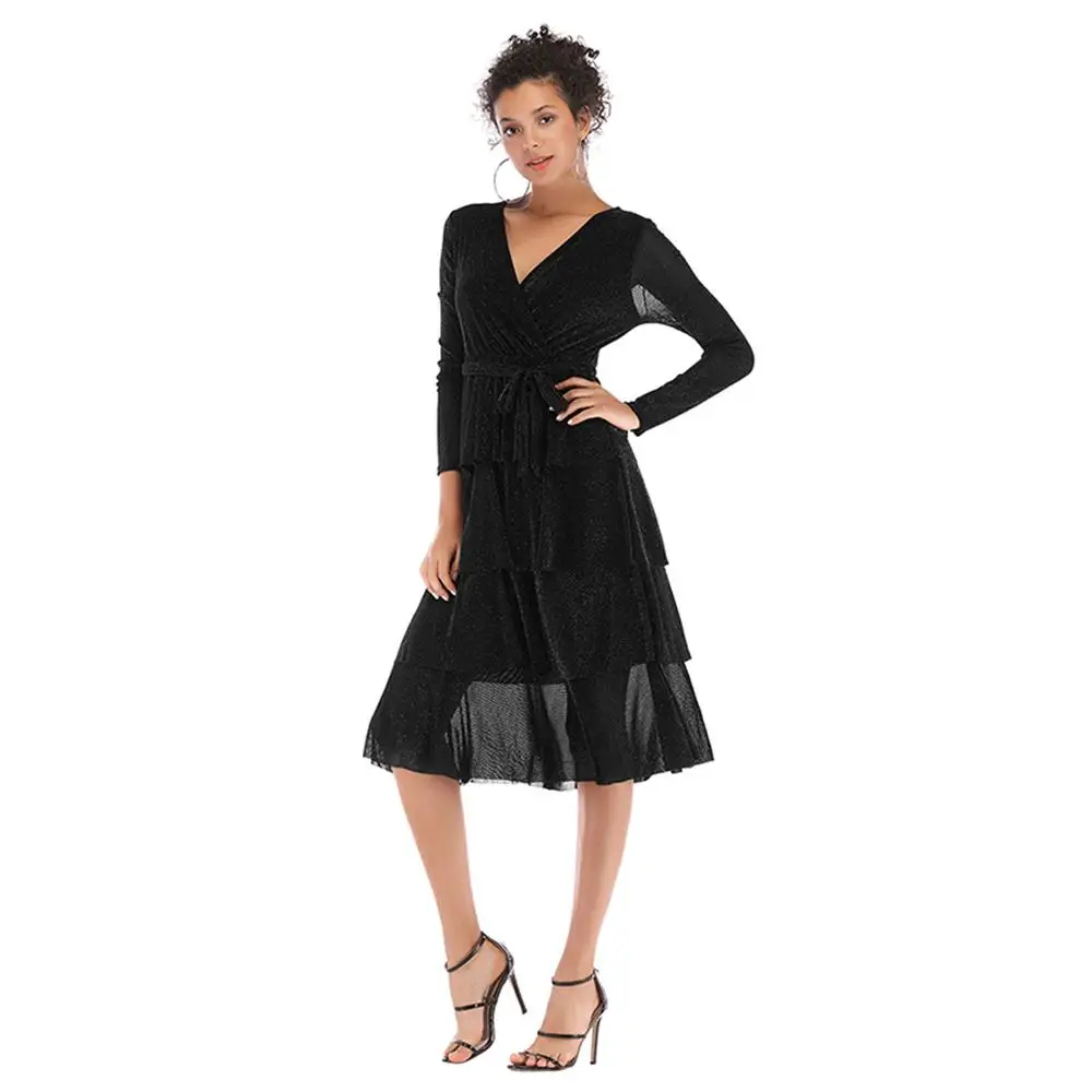 2019 women's short dress ball gown cascading ruffle ladies spring autumn V-neck tie cake dresses waist long-sleeved female | Женская