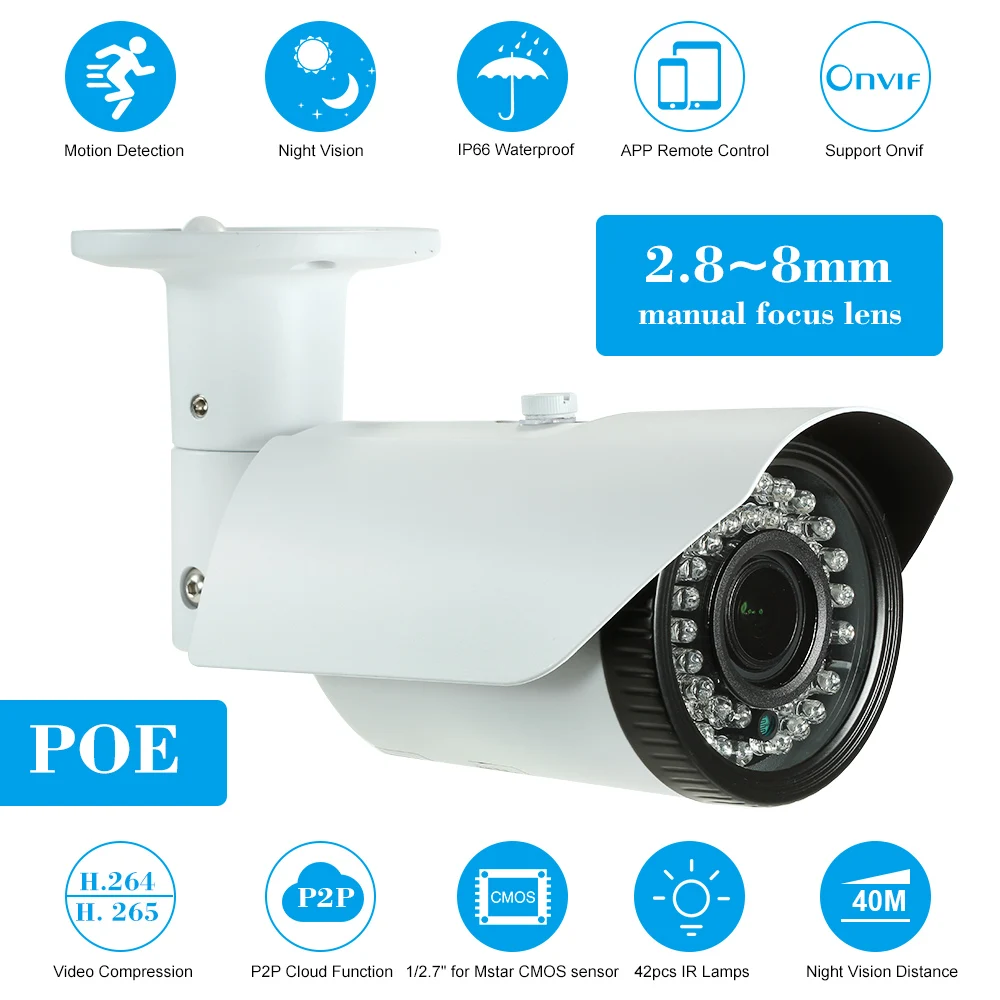 

COMS Sensor IP Camera HD 1080P Camera POE 2.8~12mm Manual Zoom Varifocal Focus Lens IR-CUT 42pcs IR Lamps APP Control CAM