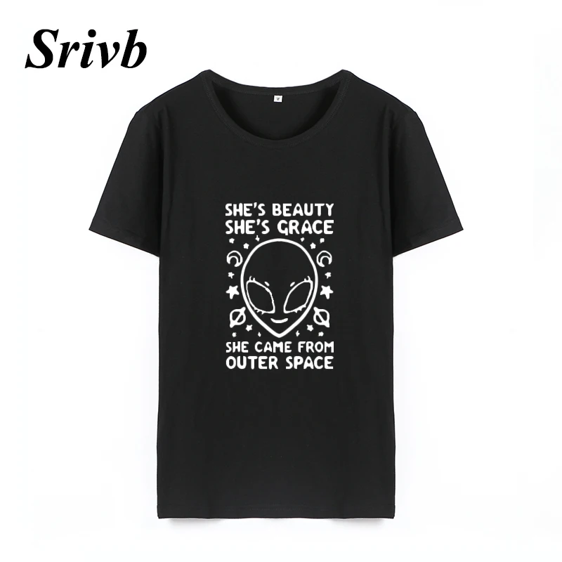 Женская хлопковая футболка с коротким рукавом Srivb Alien She's Beauty черно белая