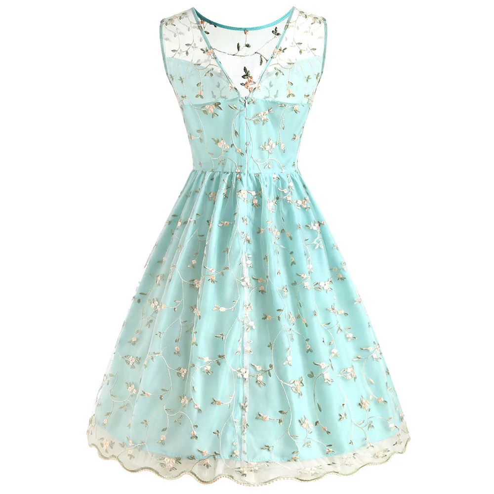 Women Perspective Embroidery Lace Backless High Waist Dress Sleeveless Mesh Overlay A Line Flare Dresses Party Vacation | Женская одежда