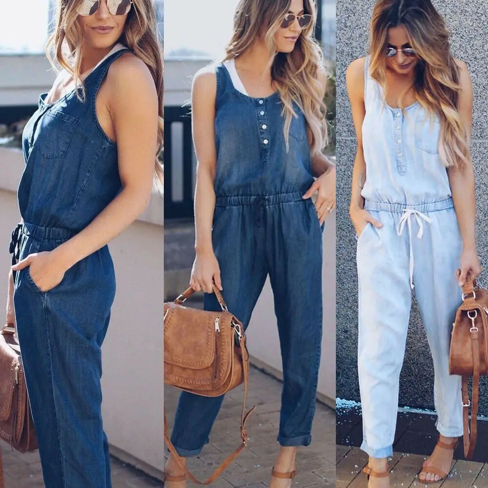 

Fashion Causal Summer Jumpsuits Women Ladies Clothes 2 Style Sleeveless Elastic Waist Belt High Waist Solid Slim Jumpsuits