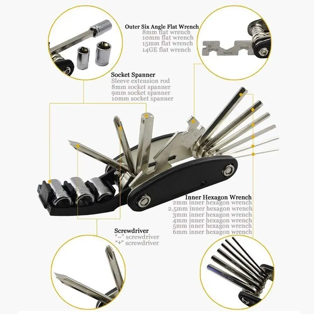 SEWS-Bike Repair Tool Kits - 16 in 1 Multifunction Bicycle Mechanic Fix Tools Set Bag with Tire Patch Levers | Спорт и развлечения