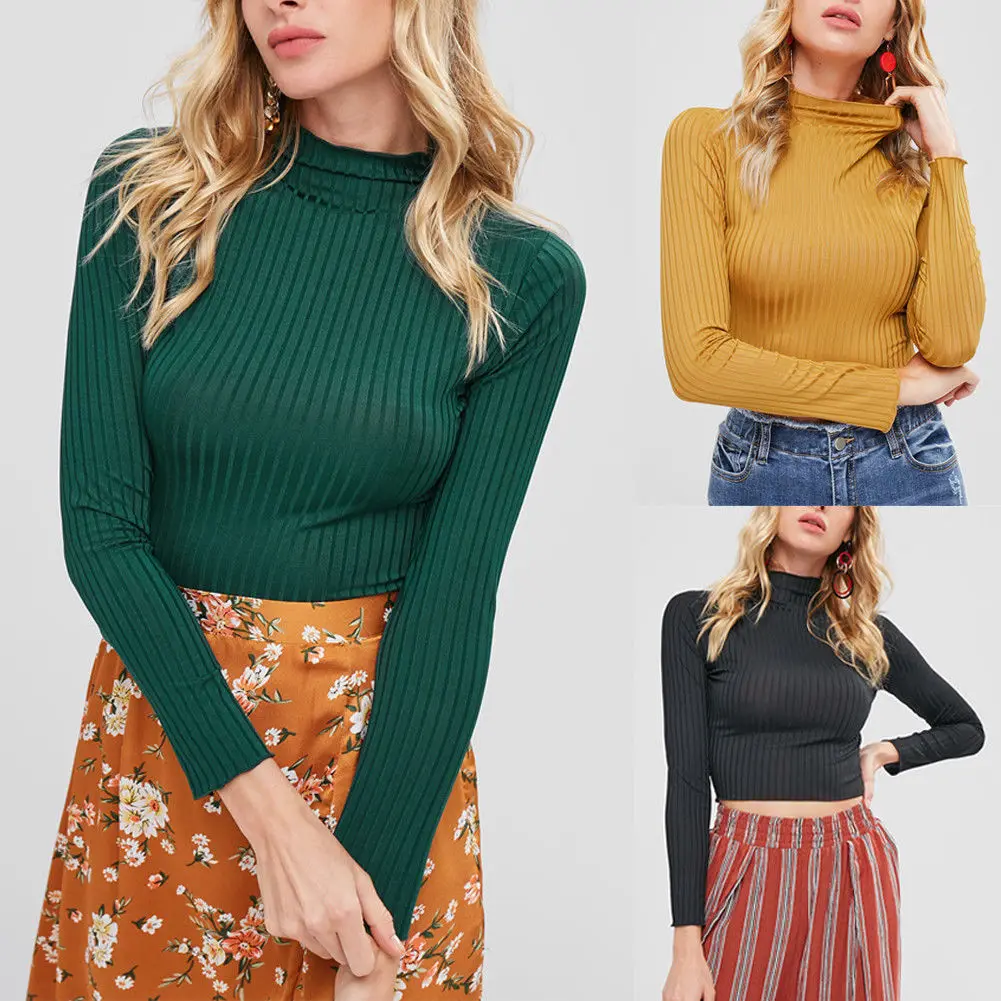 New Womens Ladies Long Sleeve Stretch High Turtle Neck Knitted Crop Top T Shirt Short Tops Tee Shirts | Женская одежда