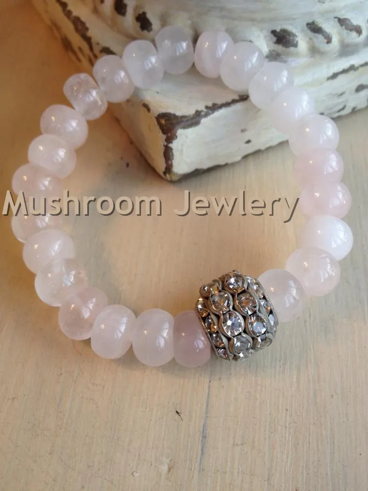 Pave Crystal Beads Roundel Rose Quartz Stretch Bracelet