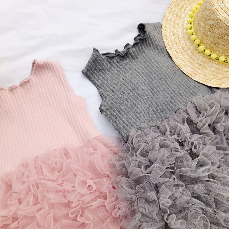 Party Tulle Patchwork Todler Girl Dresses Baby Clothes Summer Dress Grey Pink Little Kids Clothing 2019 Fashion | Детская одежда и