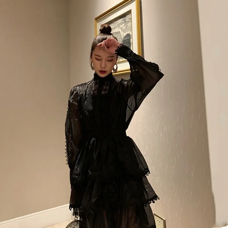 TWOTWINSTYLE выдалбливают платье женское стоячий воротник фонарь рукав высокая Талия