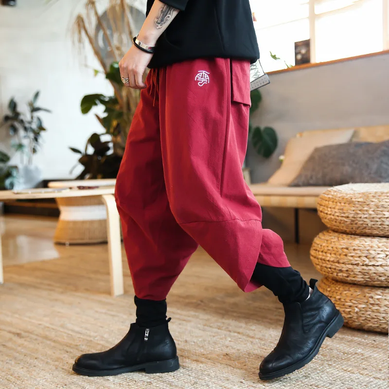 #2523 Spring Red/Black/Blue Vintage Casual Streetwear Harem Pants Men Cotton Linen Trousers Plus Size Fake Two Piece Embroidery | Мужская