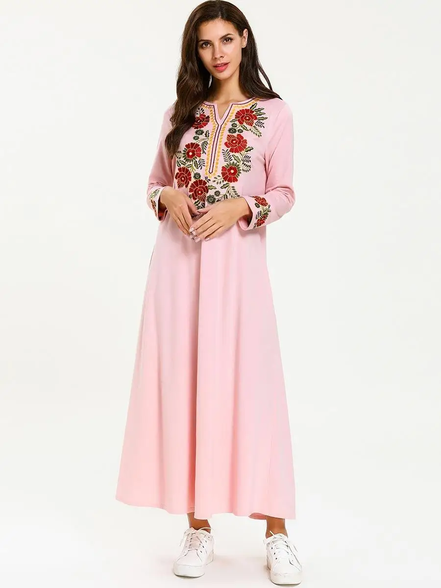 Платье с длинным рукавом Vinatge платье цветочной вышивкой в стиле Абайи