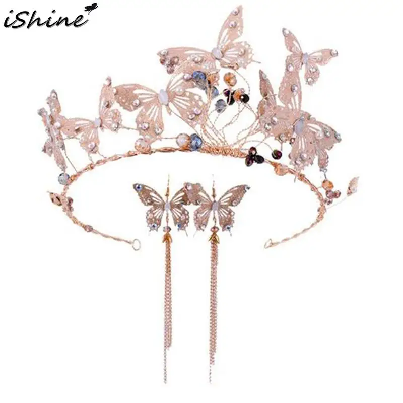 iSHINE Bridal Crown Earrings Set Rhinestone Butterfly Headband Tassel Long Headdress Wedding Accessories |