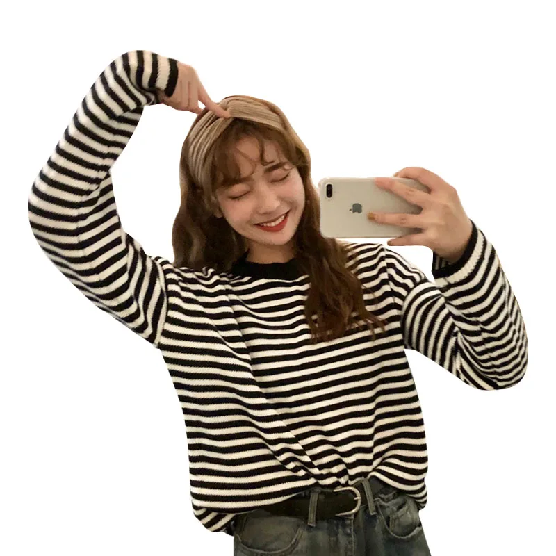 Harajuku Stripe Female Sweater 2 Colors Autumn and Winter Chic Style Long Sleeve Sweaters Womens Pullovers | Женская одежда