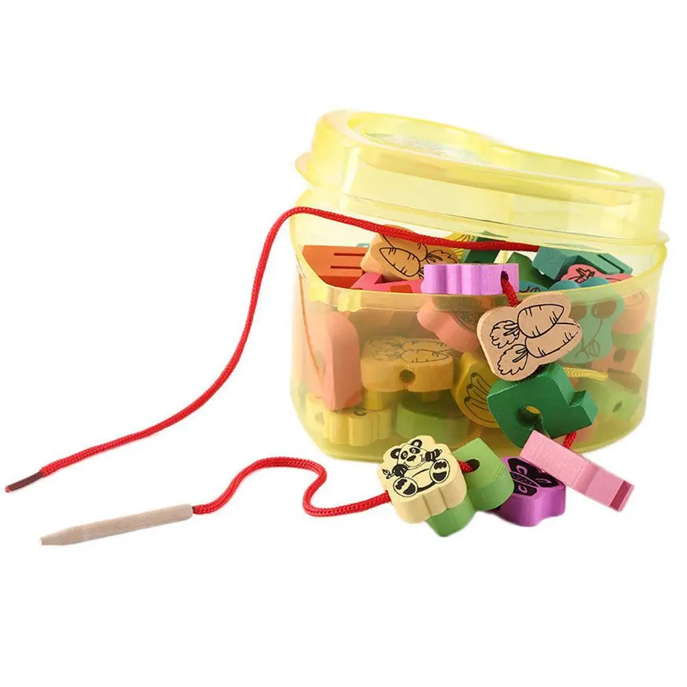 

2019 Baby Wooden Toys Cartoon Lacing Wooden Threading Beads Game Education Top 25pcs Sets for Children Gift