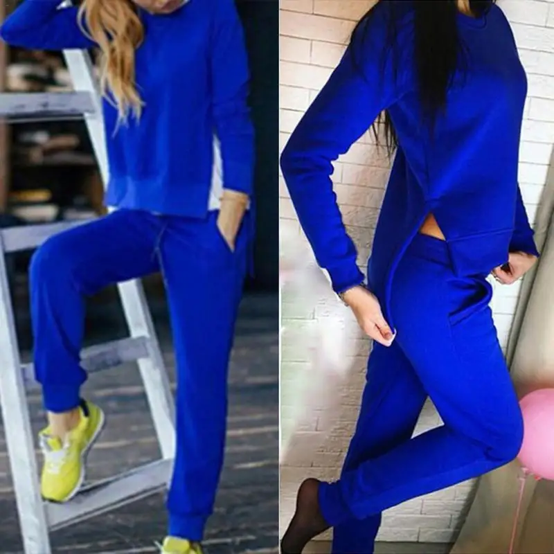 Женский спортивный костюм из двух предметов Однотонный свитер с круглым вырезом