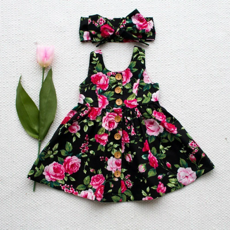 Платье для девочек без рукавов с цветочным принтом на пуговицах | Детская одежда - Фото №1
