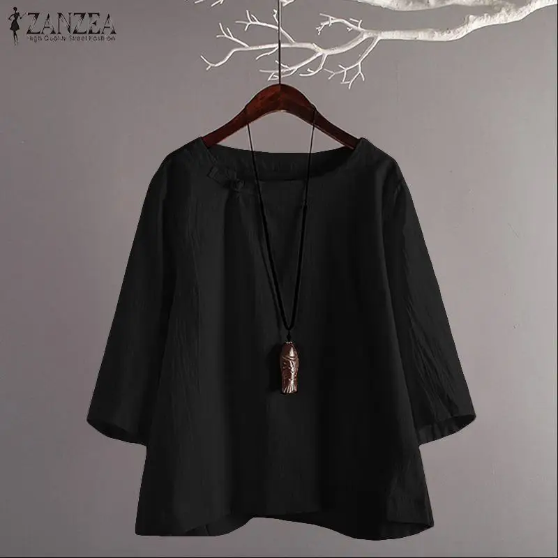 2021 ZANZEA Summer Women Vintage 3/4 Sleeve Solid Blouse Cotton Linen Shirt Female Casual Work Blusas Tunic Top Femininas | Женская