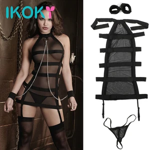 IKOKY перспектива Ролевые игры наручники сексуальные черные сетчатые Экзотические костюмы открытая промежность сексуальное белье комплект нижнего белья набор сережек в комплекте