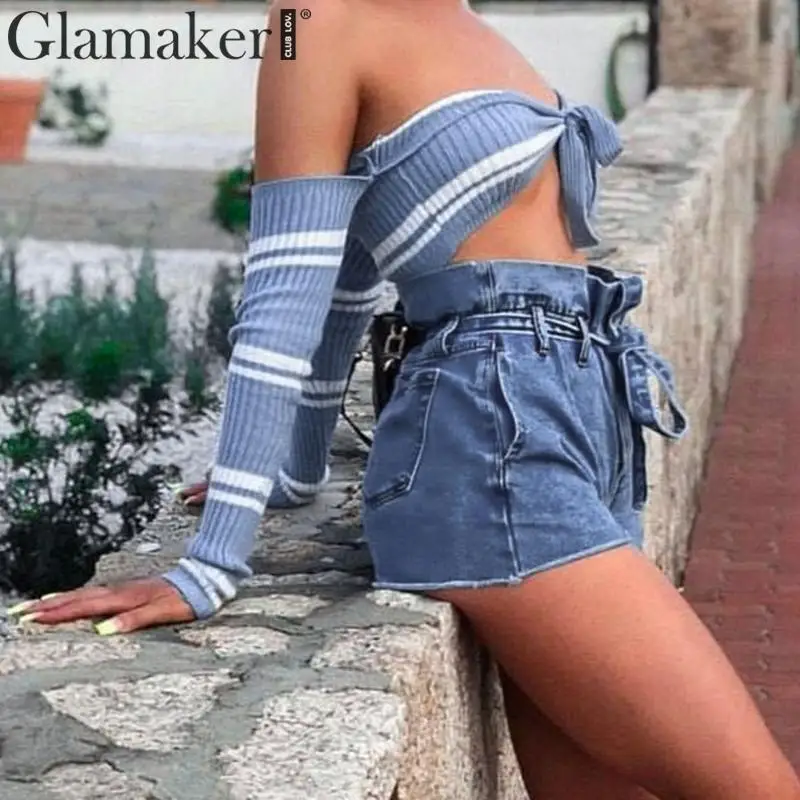 Женские джинсовые шорты Glamaker синие с карманами и высокой талией уличная одежда