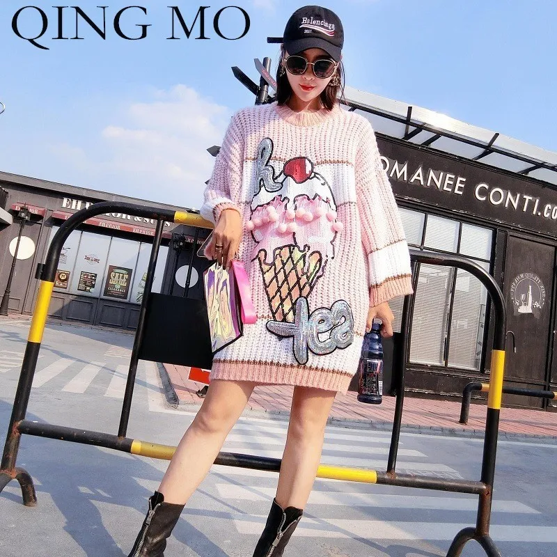 QING MO 2018 осенне-зимнее женское трикотажное платье-свитер с пайетками розовый