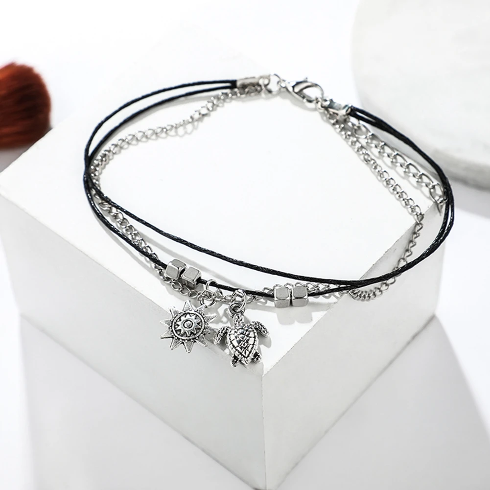 New Three Layers Geometric Sun Turtle Pendant Alloy Rope Anklet Bracelet Female Girls Accessory b | Украшения и аксессуары