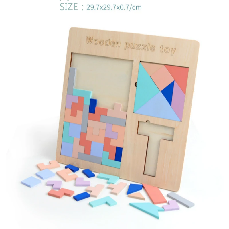 Wooden Three In One Kids Educational Puzzle Tetris Tangram T Word Combination Children Intellectual and Leisure Toys | Игрушки и хобби