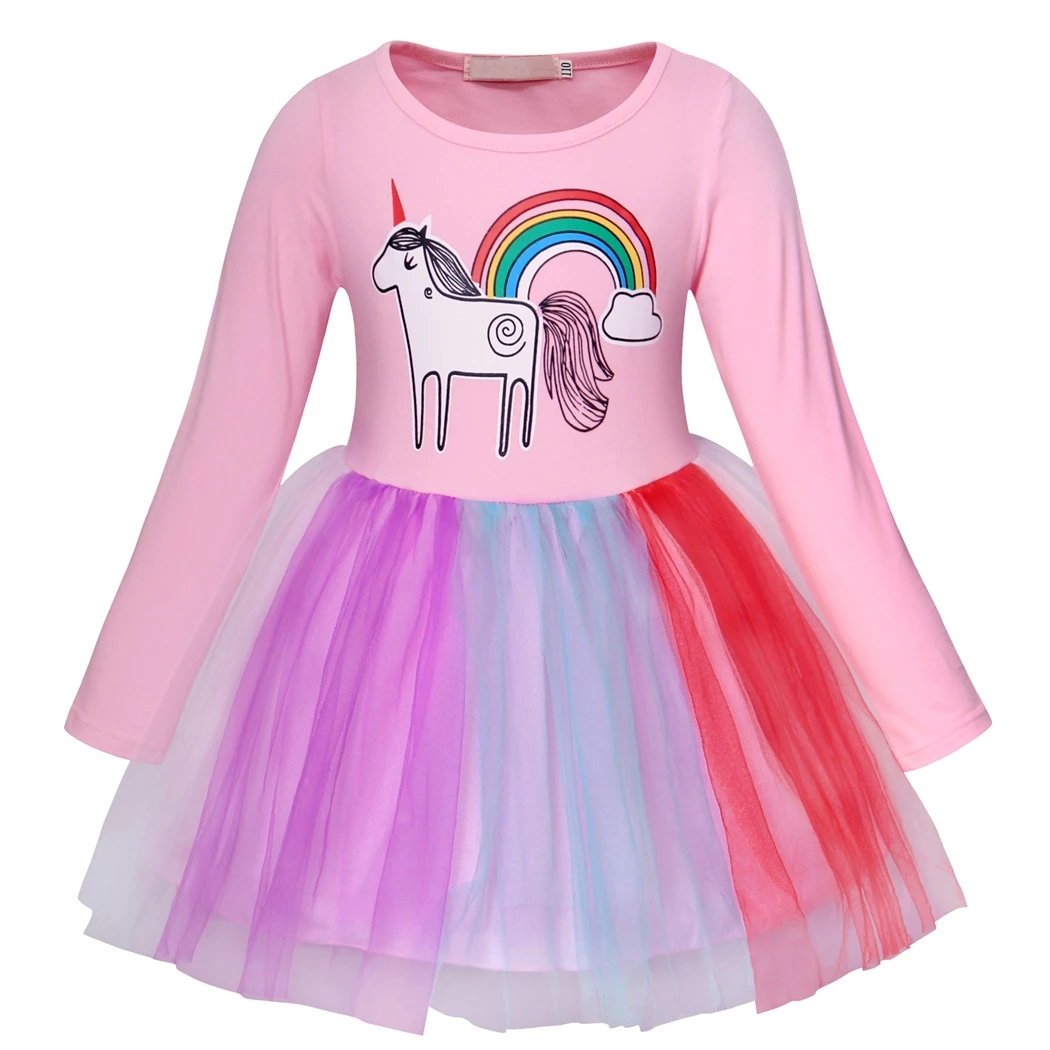 AmzBarley Girls Rainbow Unicorn Tutu Outfits Cute Princess Long Sleeve Fluffy Tulle Birthday Fancy Dress Up Party Dresses | Детская