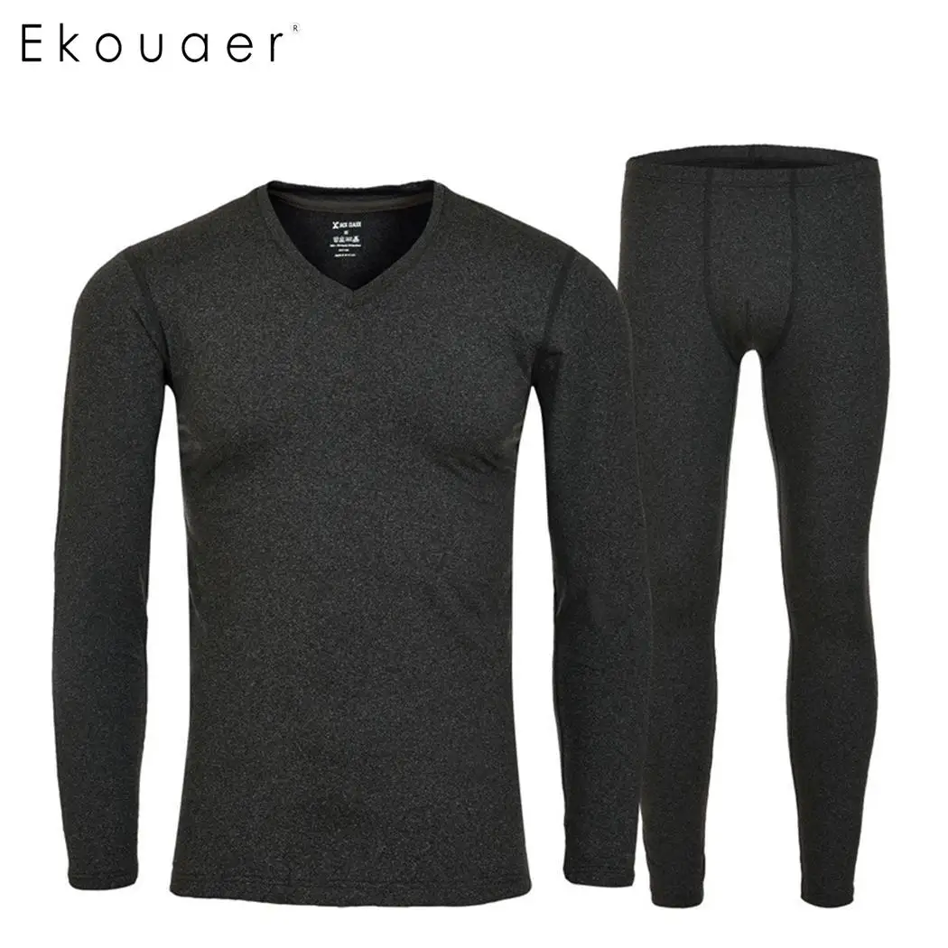 Ekouaer Winter Thermal Underwear Sets Sleepwear Seamless Solid O-Neck Long Sleeve Warm Set Male Therm Johns | Мужская одежда