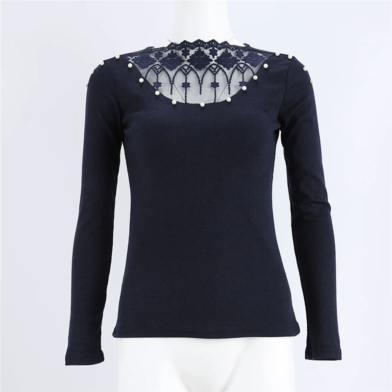 

Women Blouse Fashion Pearl Hollow Out V Neck Long Sleeve Ladies Blouses And Tops Floral Lace Womens Blouses Knitted Women Tops