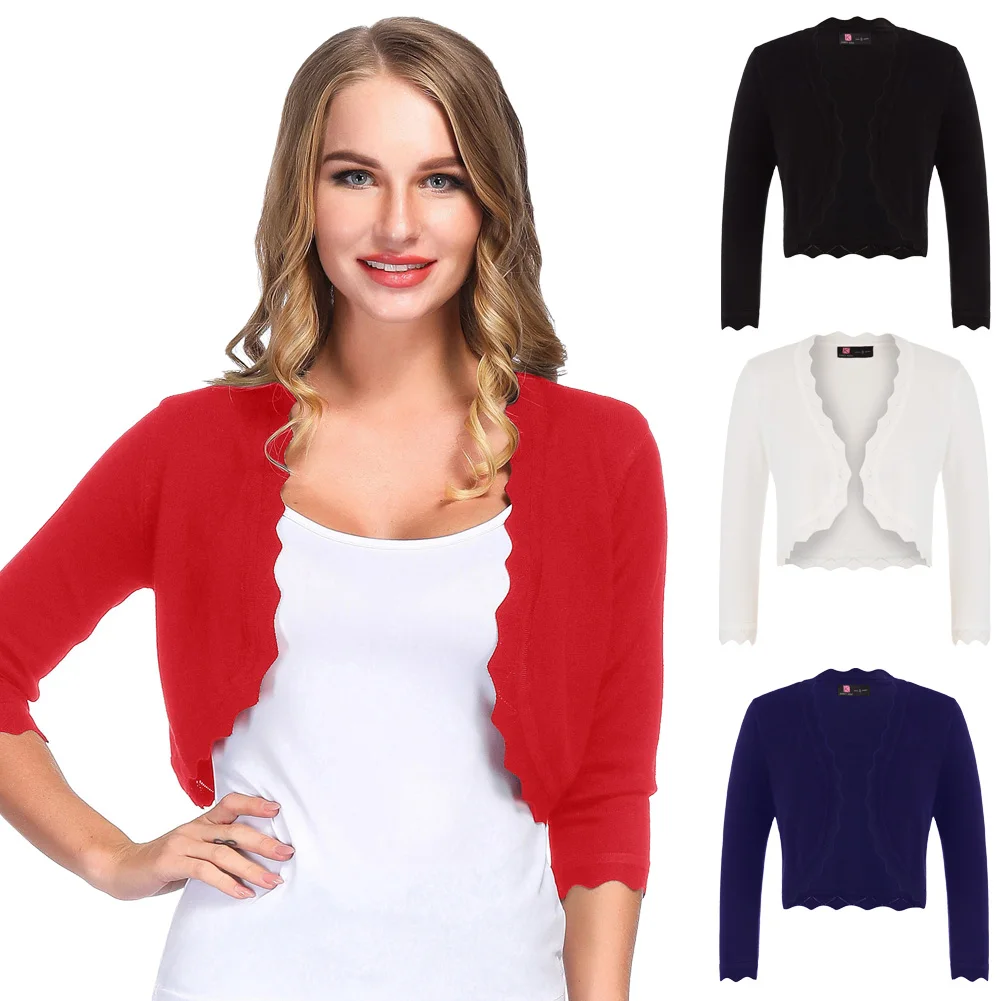 Фото Women shrug Casual Open Front Cropped Bolero 3/4 Sleeve Cardigan Summer autumn elegant Tops solid slim jacket lady short coat Women shrug Casual Open Front Cropped Bolero 3/4 Sleeve Cardigan Summer autumn elegant Tops solid slim jacket lady short coat