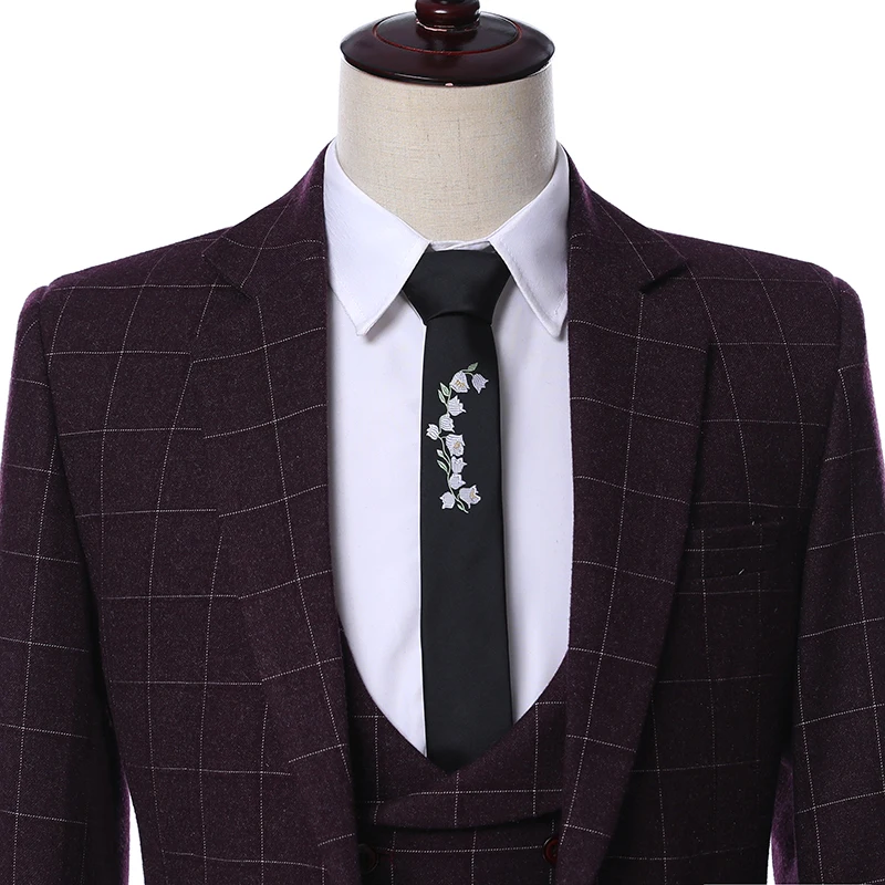 

2019 элегантный брендовый дизайн Terno Slim Fit 3 штуки шерстяные деловые мужские клетчатые костюмы на заказ бордовый смокинг для жениха свадебный ...