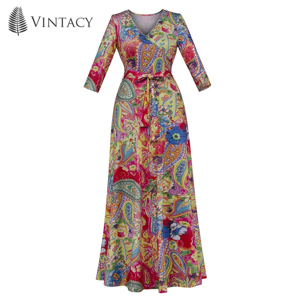 Женское элегантное Цветочное платье с принтом Макси 3/4 рукав хлопок смесь