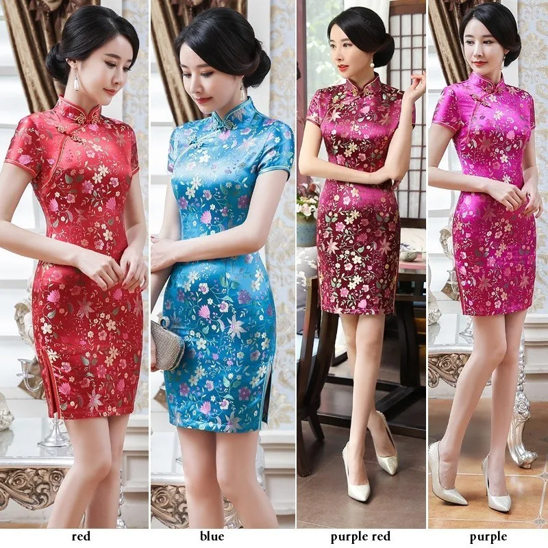 Красные мини шелковые платья Qipao Китайский короткий Улучшенный чёнсам цветок