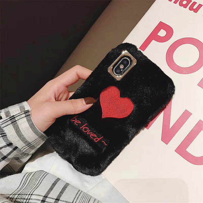 Plush Mobile Phone Case For IphoneX XR Xs MAX Fashion Love Embroidery Fur 6 7 8plus Soft Shellphone | Мобильные телефоны и