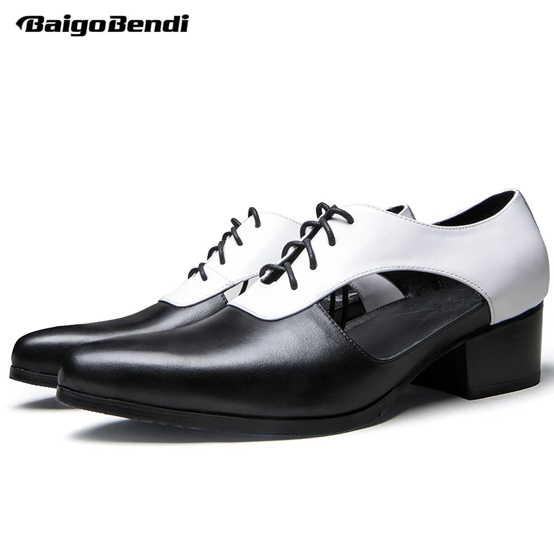 Classical Black And White Mixed Colors Man Summer Heels Breathable Hollow Out 5 cm Pointed Toe Leather Sandals Man Trendy Shoes