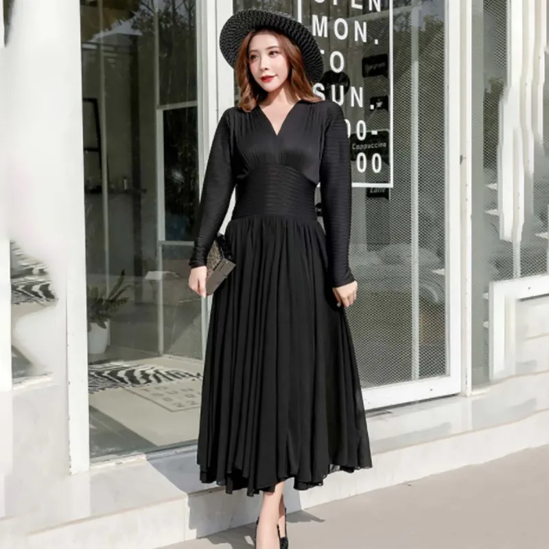 GALCAUR Casual Solid Women Dress V Neck Long Sleeve High Wasit Slim Ankle Length Pleated Dresses Female Fashion 2019 Spring New | Женская