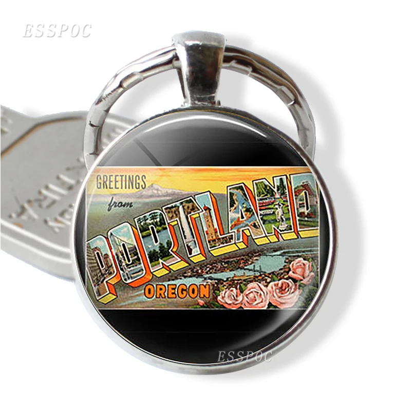 

Vintage Glass Metal Keychain Portland Oregon Retro Postcard Image Jewelry Key Ring Gift For Traveler