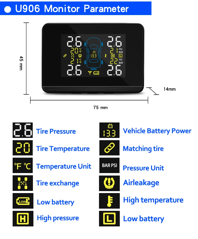 Беспроводной ЖК-дисплей автомобиля TPMS двойной USB зарядка 4 внешних датчика Авто