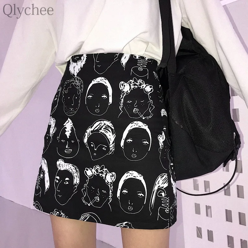Qlychee с принтом лица Женская юбка высокой талией черно-белые юбки Повседневные