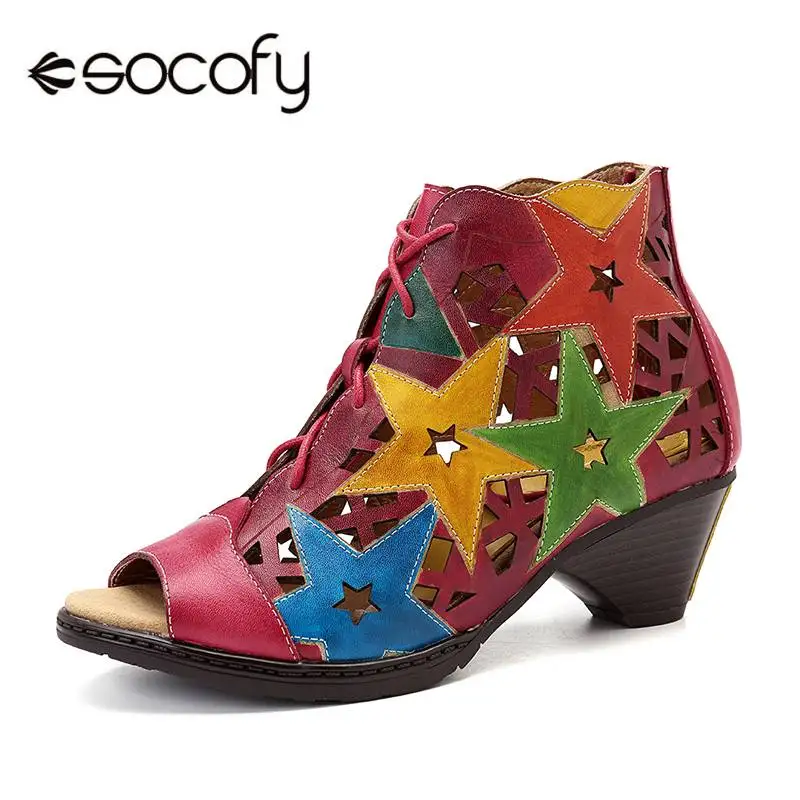 Женские сандалии из натуральной кожи SOCOFY разноцветные ручной работы со
