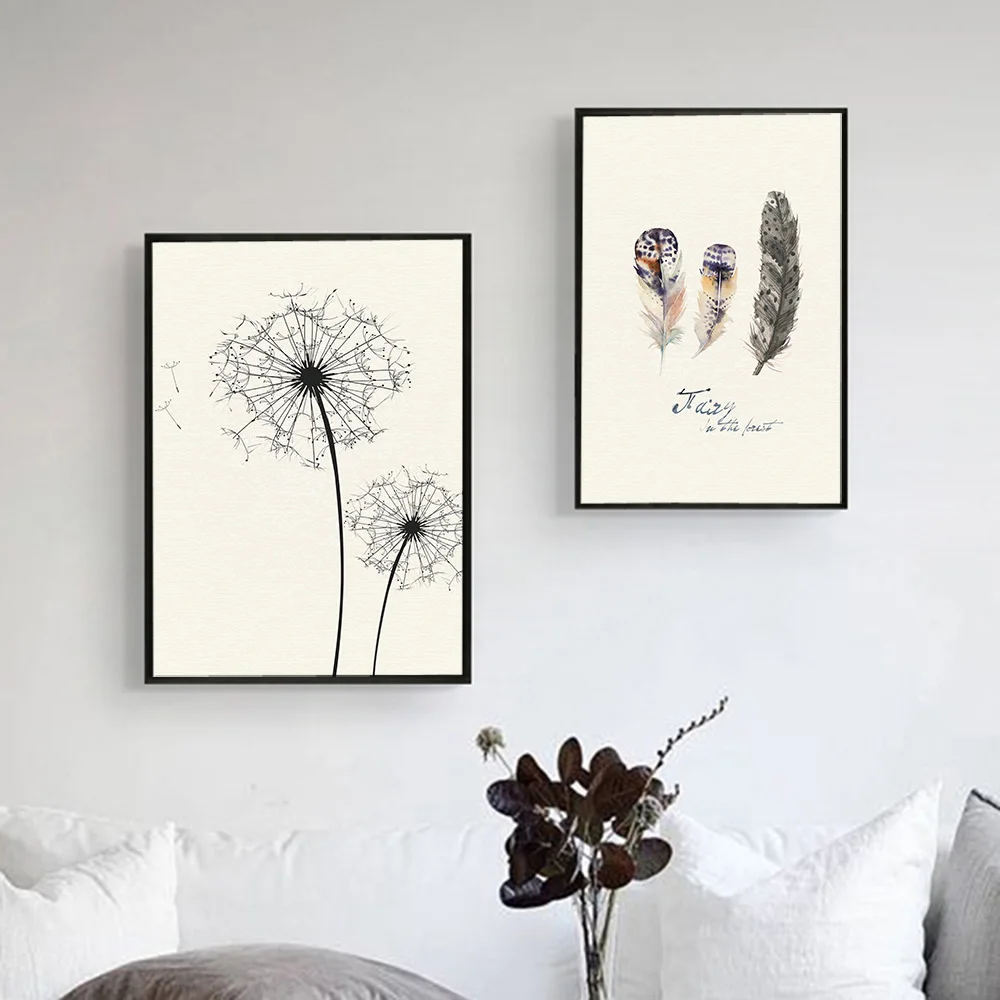 

Simple Nordic Wall Art Dandelion Poster Feather and Deer Canvas Painting Decor for Home Waterproof No Framed