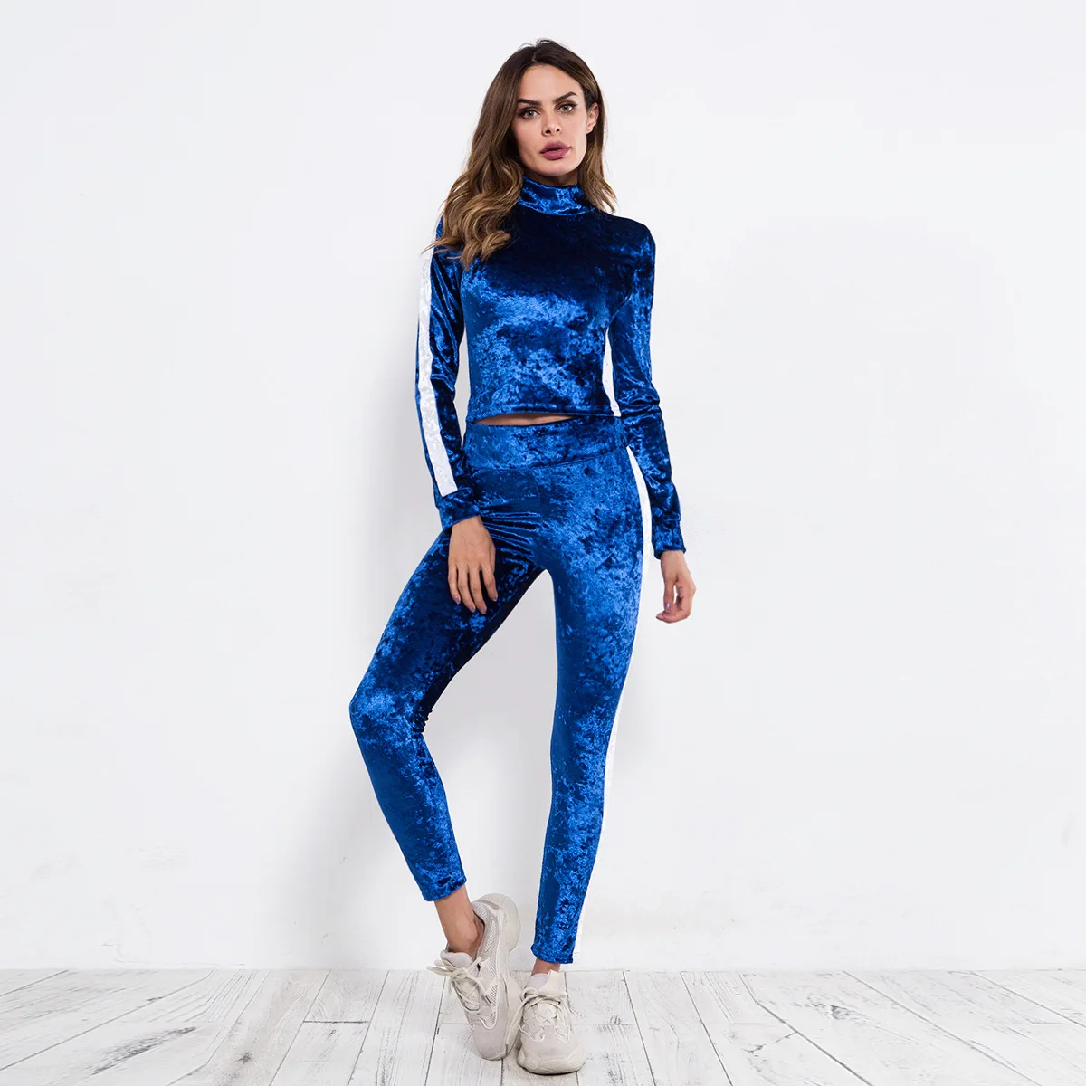 JLI MAY Velvet 2 piece outfits for women Patchwork tracksuit pants set clothes two INS Fashion Casual Winter Autumn |