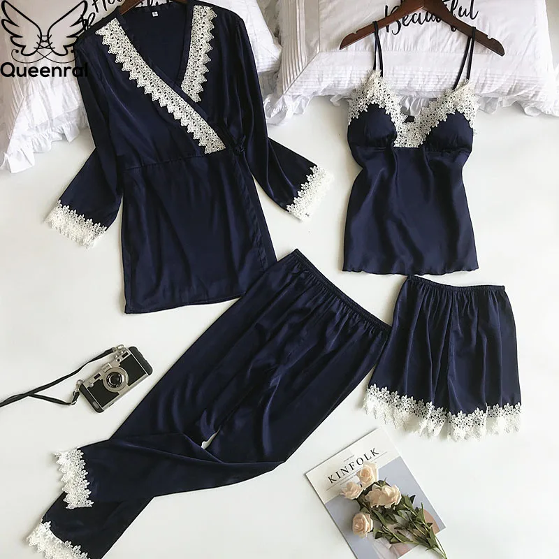 Queenral 4 шт. пижамы для девочек женщин сна Lounge атласные Pijama Весна Домашняя одежда