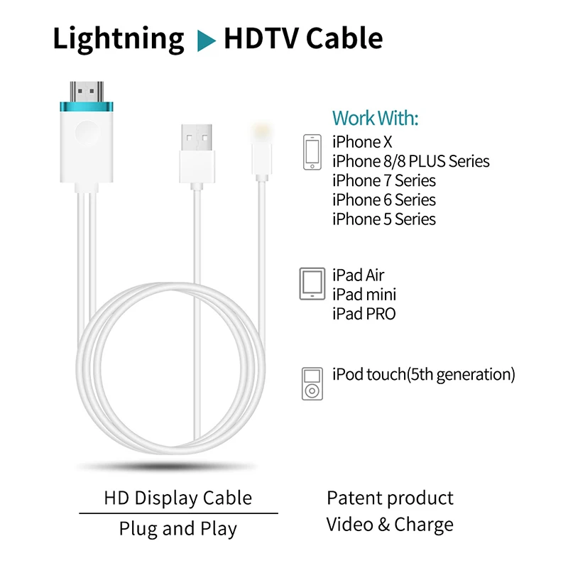 FFYY-For lightning Digital AV cable 8 Pin HDMI HDTV Adapter plug and play 1080P hd for iPhone X 7 iPad PK dvb-t2 |